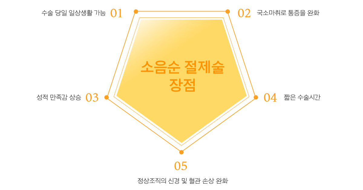 소음순 절제술 장점 1.수술 당일 일상생활 가능 2.국소마취로 통증을 최소화 3.성적 만족감 상승 4.짧은 수술시간 5.정상조직의 신경 및 혈관 손상 최소화